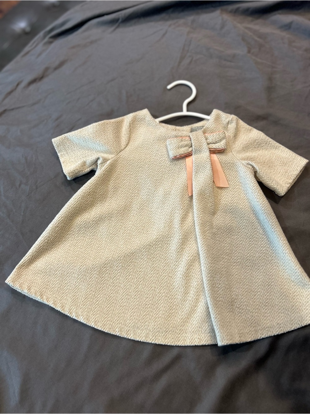 Tahari Baby Cream Herringbone Toddler Dress with Pink Trim